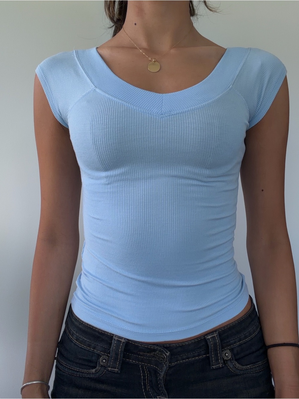 Urban Outfitters Light Blue Ribbed V-Neck Cap Sleeve Tank